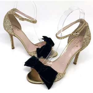 Kate Spade Gold Glitter Ankle-Strap Heels with Black Velvet Bow